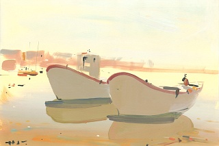 Картина лодки рыбаков. Плумана. Бретань.