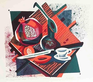 Картина перерыв на кофе с персиком и гранатом